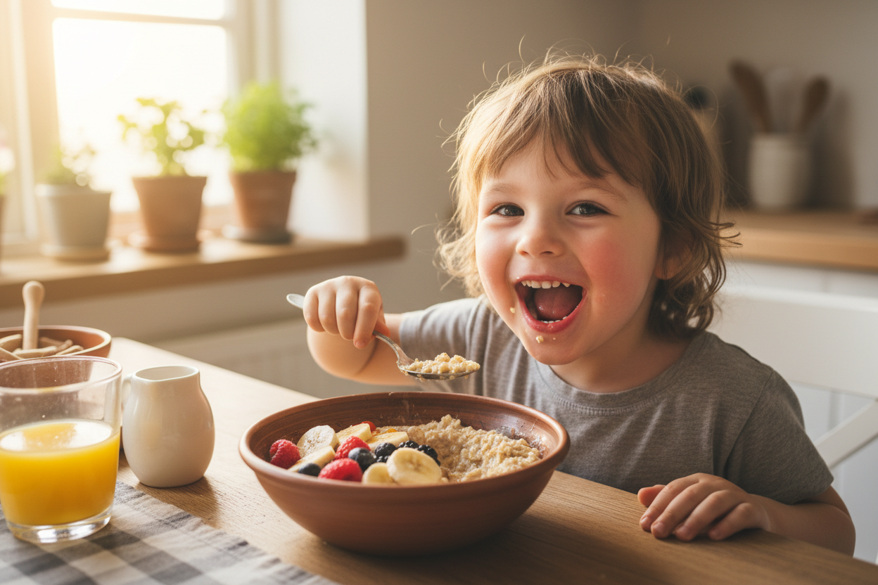 GENERATE BANNER WITHOUT TEXT CHILD ENJOYING EATING OATMEAL 